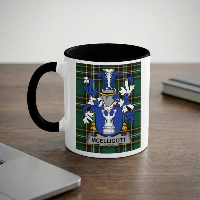 McElligott Irish heritage mug with black handle and family crest