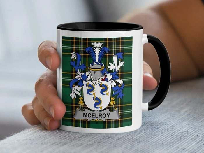 McElroy Irish family crest black accent mug