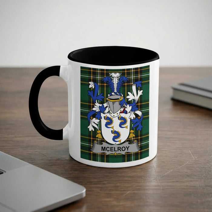 McElroy Irish heritage mug with black handle and family crest