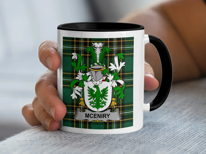 McEniry Irish family crest black accent mug