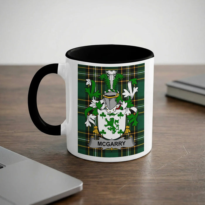 McGarry Irish heritage mug with black handle and family crest