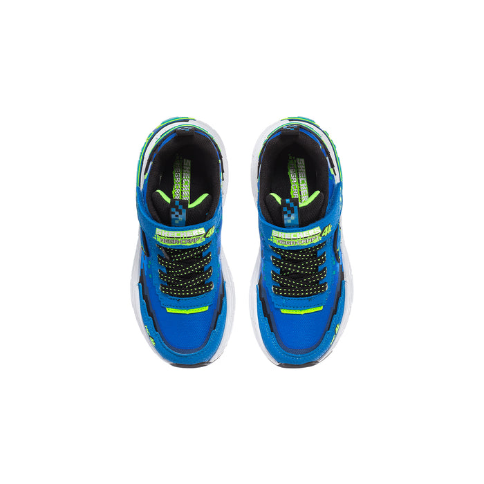 Kids' blue sneakers, top view, with green neon lace loops and black lining