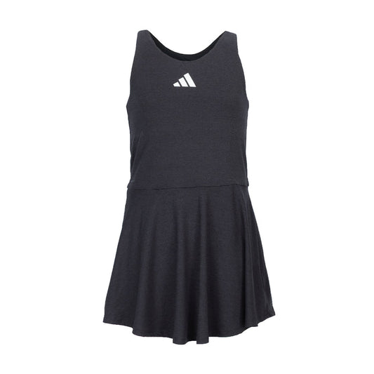 Youth heather black flounce dress, sleeveless scoop neck, Adidas logo