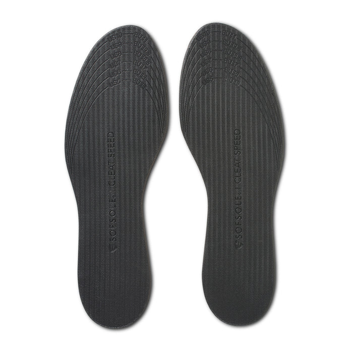 Dark mens cleat speed sports insole with textured arch and embossed text