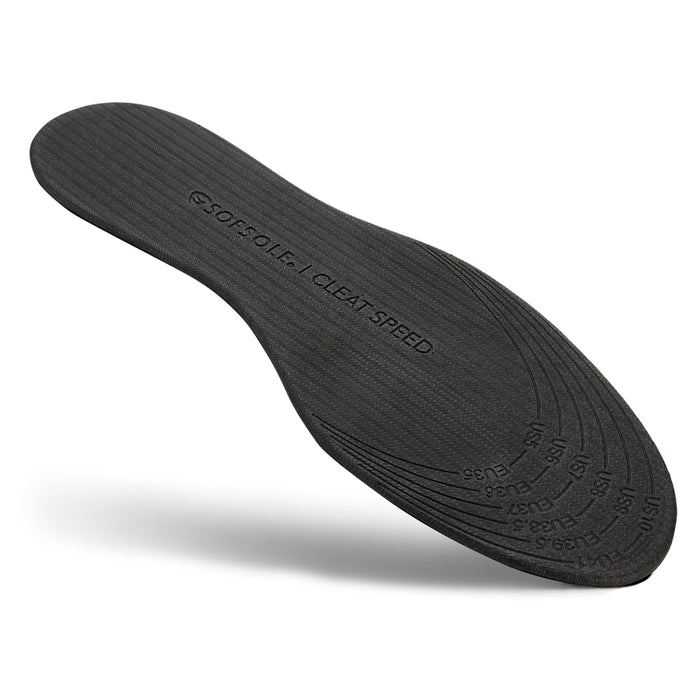 Black mens cleat speed sports insole with embossed branding and curved profile