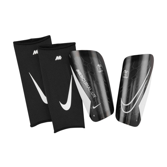 Black shin guard sleeves with white logo, pair of protective covers