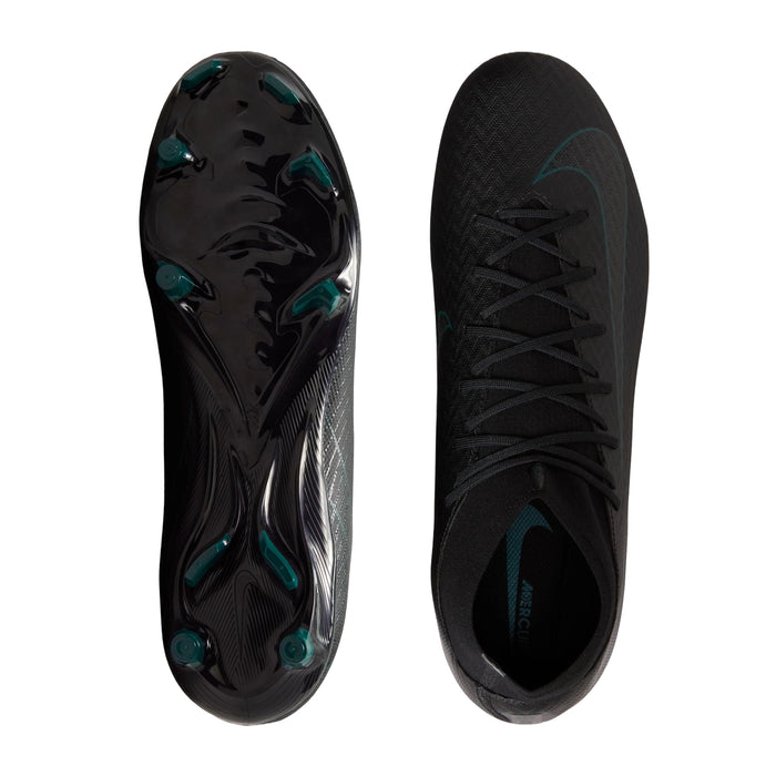 Pair of black soccer cleat outsoles with teal-tinted studs and black laces