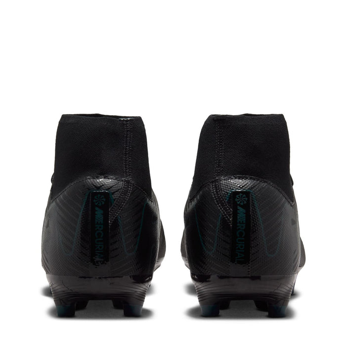 Men's black soccer cleats, heel view with Superfly branding and molded studs