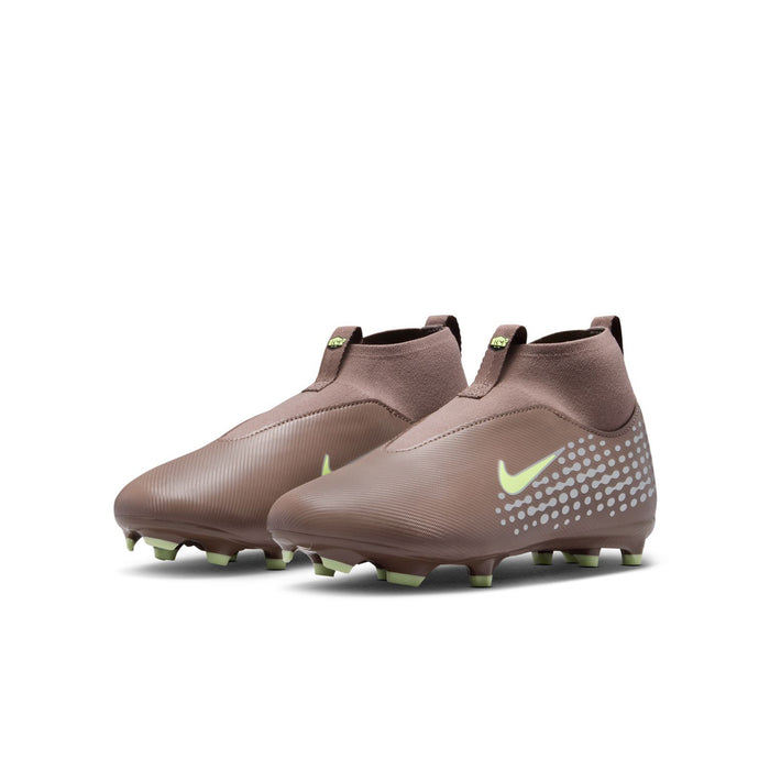 Pair of youth plum soccer cleats with green accents, dotted side pattern, FG studs