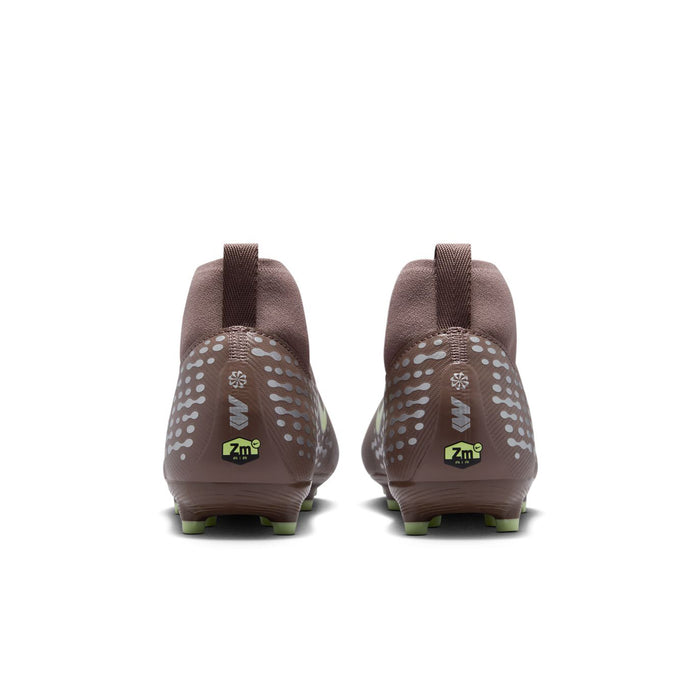 Youth plum soccer cleats from back with green heel tabs and FG traction studs