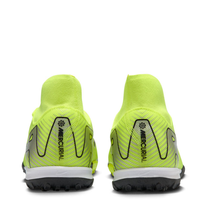 Back view pair of neon green Nike Mercurial turf soccer cleats with black heel logos