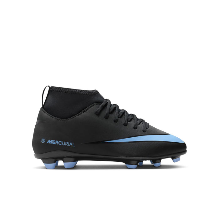 Youth black and blue soccer cleat, side view with lace-up closure