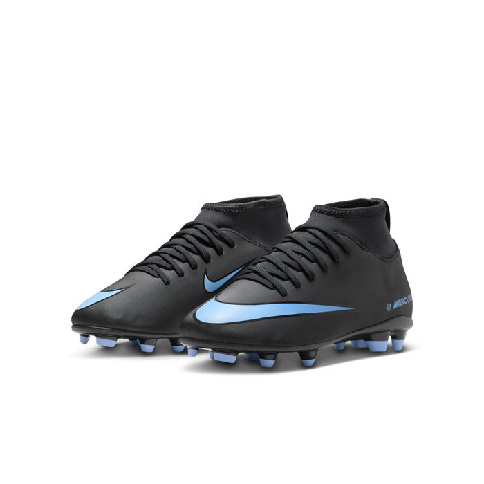 Youth black soccer cleats with blue swoosh and studded sole, side angle