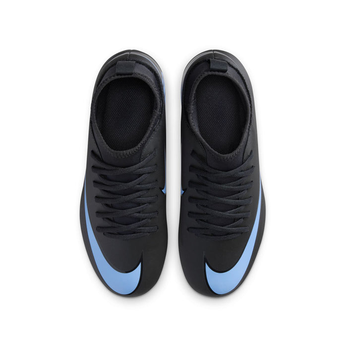 Youth black and blue soccer cleats with lace-up front and textured upper