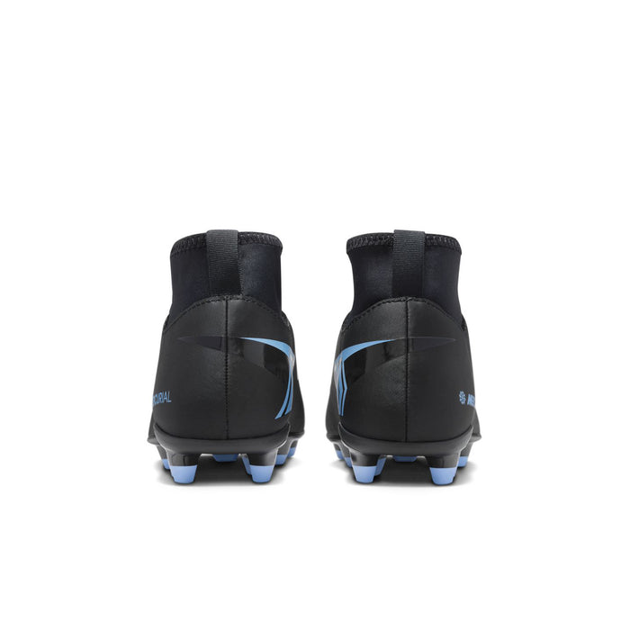 Youth black and blue soccer cleats shown from the back with studded heel