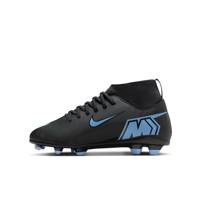 Youth black mid-top soccer cleat with blue swoosh and side detailing