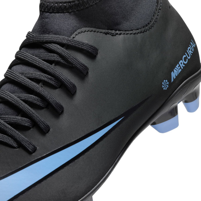 Close-up of youth black cleat laces and MERCURIAL branding in blue