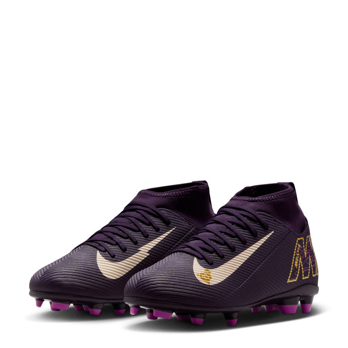 Pair of youth purple soccer cleats, lace-up uppers with white swoosh and purple studs
