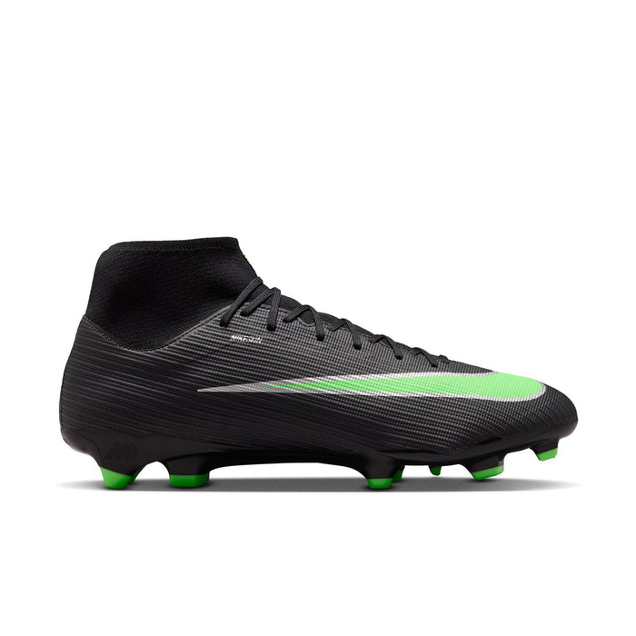 Black mens soccer cleat with neon green accents, FG/MG studs, high-top design