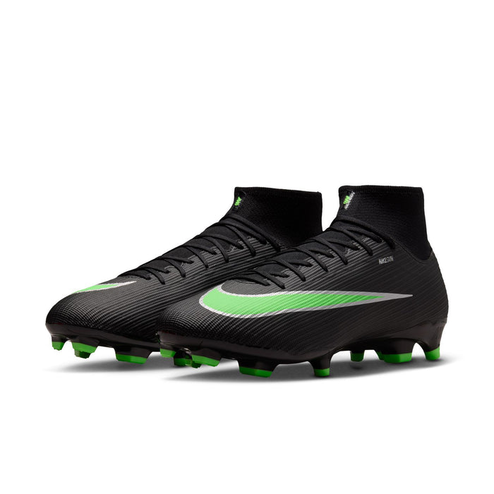 Pair of black mens soccer cleats with neon green stripe and multi-ground studs
