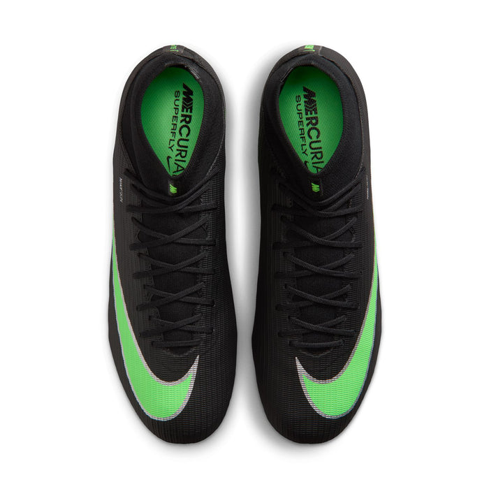 Black mens football cleats with neon green Swoosh and laces, front view