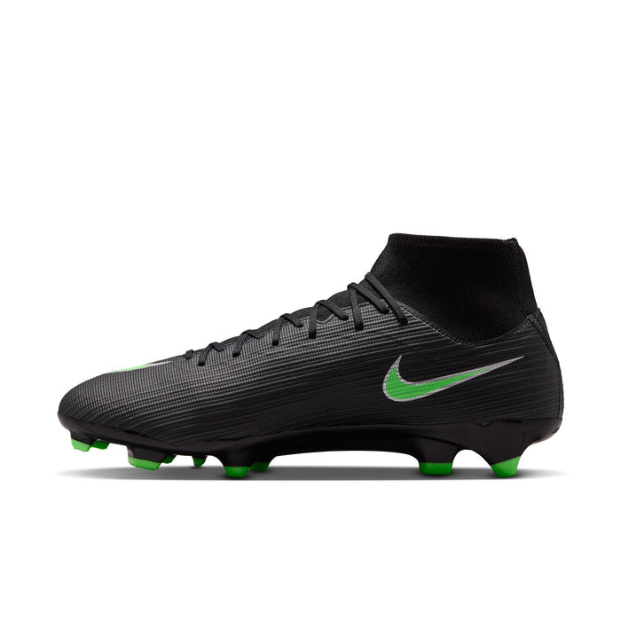 Side view black mens soccer cleat with neon green Swoosh and FG/MG outsole
