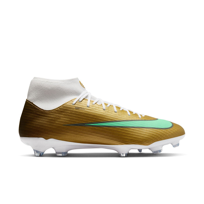 Men's gold and teal FG/MG soccer cleat with white collar and laces