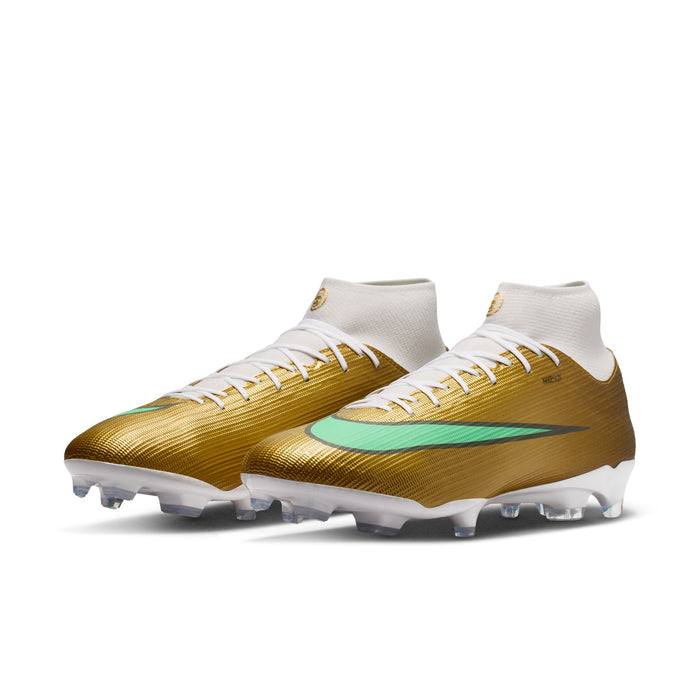 Pair of men's gold and teal FG/MG soccer cleats with white laces