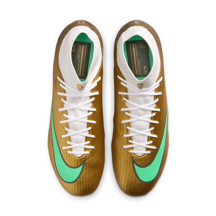 Men's gold soccer cleats with white laces, teal accents, and padded collar