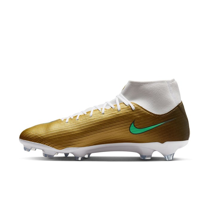 Men's gold soccer cleat with teal swoosh and white padded collar