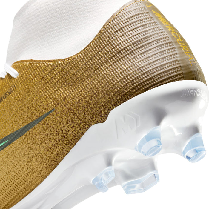 Gold and teal soccer cleat with textured upper and white collar