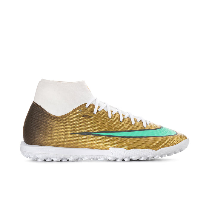 Men's TF soccer cleat, metallic gold upper with teal swoosh, white laces
