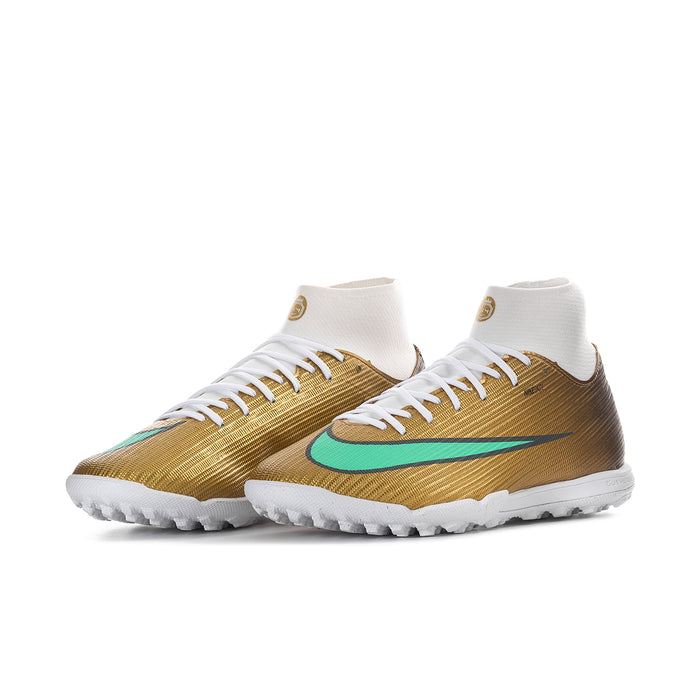 Men's TF soccer cleat pair, metallic gold upper with teal swoosh and white laces