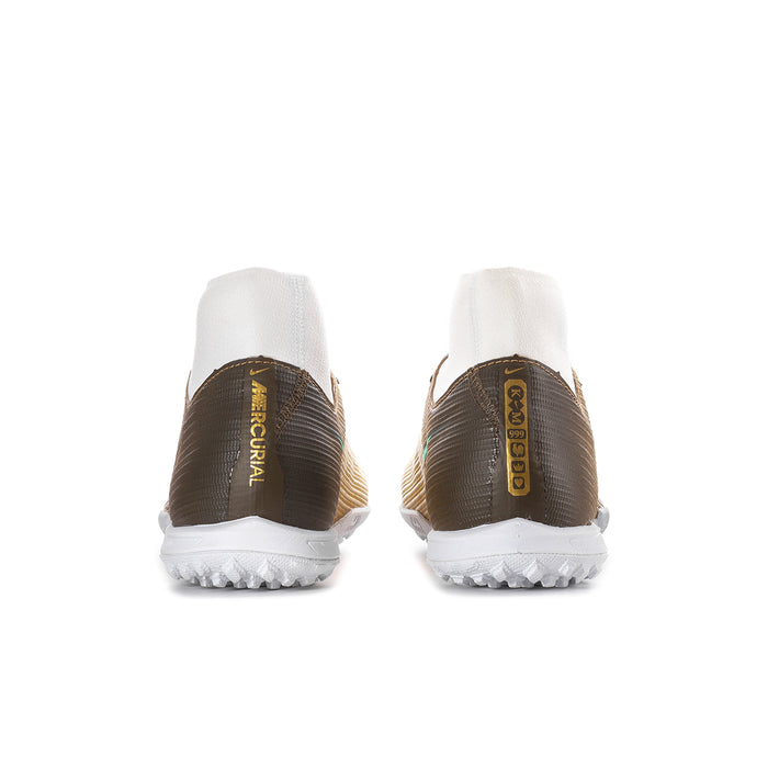 Men's TF soccer cleat heels, metallic gold backs with teal accents, white collars