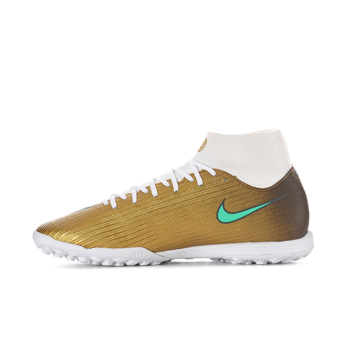 Men's TF soccer cleat, metallic gold knit upper with teal swoosh, white laces