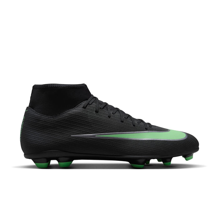 Men's black soccer cleats with green swoosh and TPU studs for FG/MG