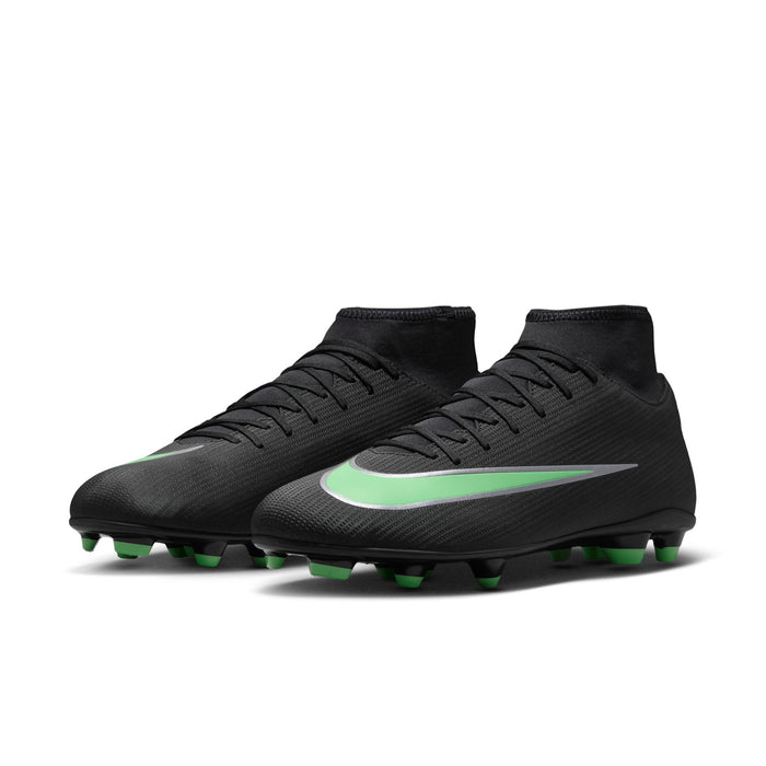 Men's black mid soccer cleats with green trim and molded stud outsole