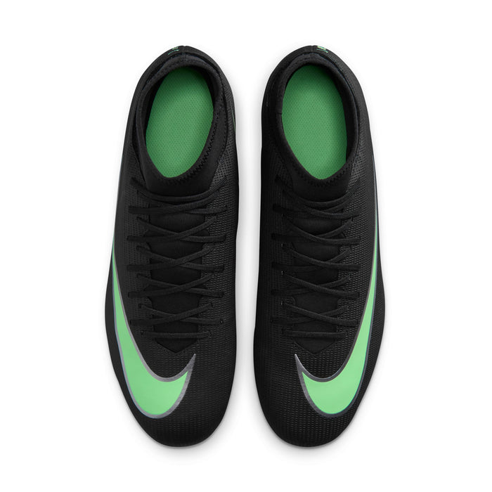 Pair of men's black soccer cleats with green Nike swoosh and lace-up uppers