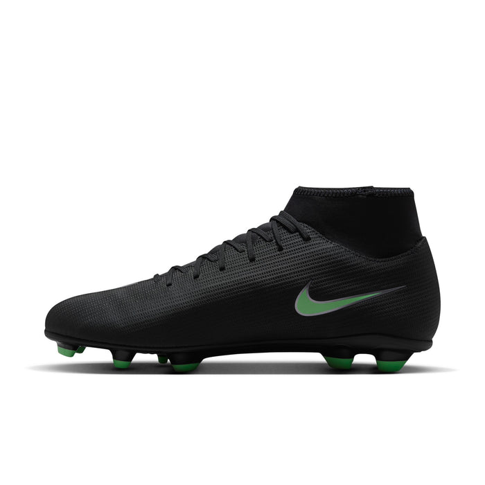 Men's black high-top soccer cleats with green swoosh and textured upper