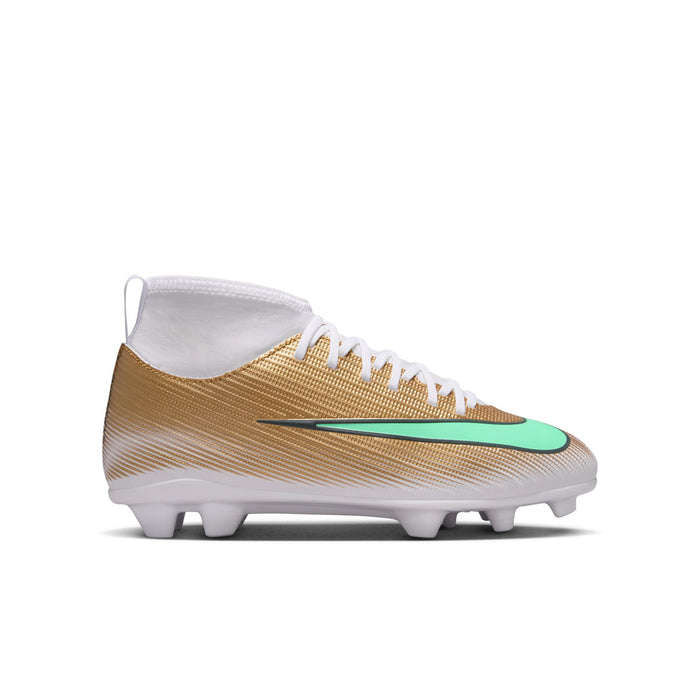 Youth soccer cleats, metallic gold with green accent swoosh and white laces.