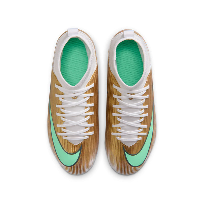 Youth soccer cleats front view: gold knit upper, green inside collar, white laces.