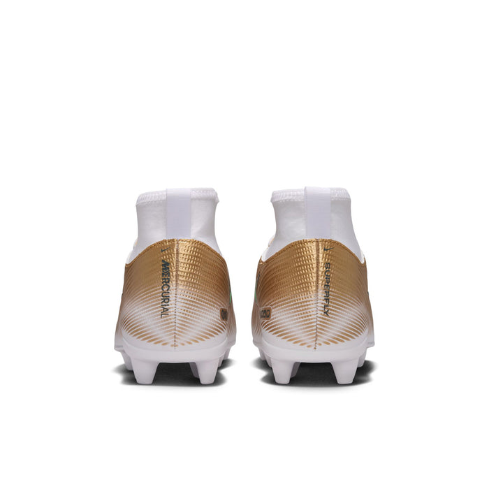 Youth soccer cleats rear view: gold upper with white trim and studded outsole.