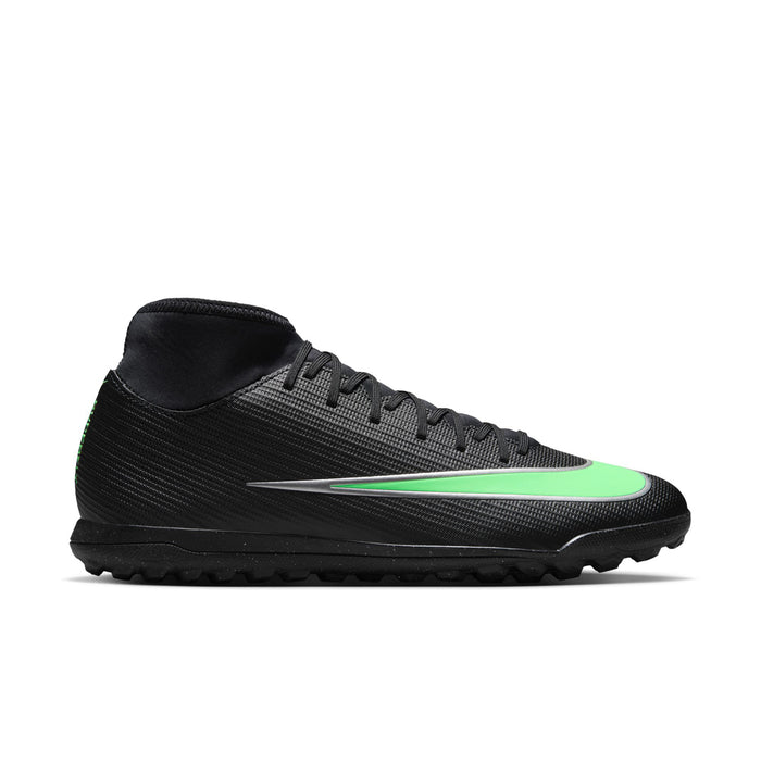 Men's black turf soccer cleat with neon green side swoosh and lace-up design