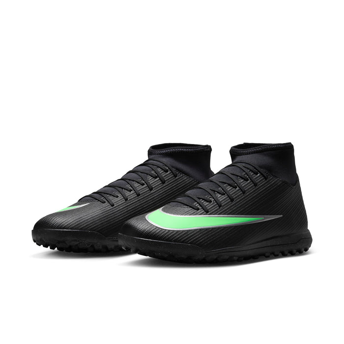 Men's black high-top turf soccer cleats with neon green accents and lace-up front