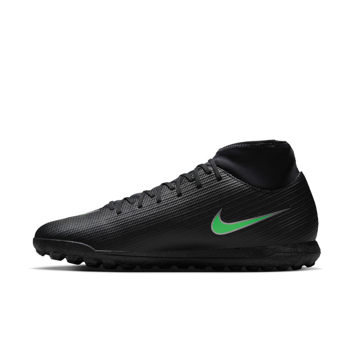 Men's black turf soccer cleat with neon green Nike swoosh and lace-up upper