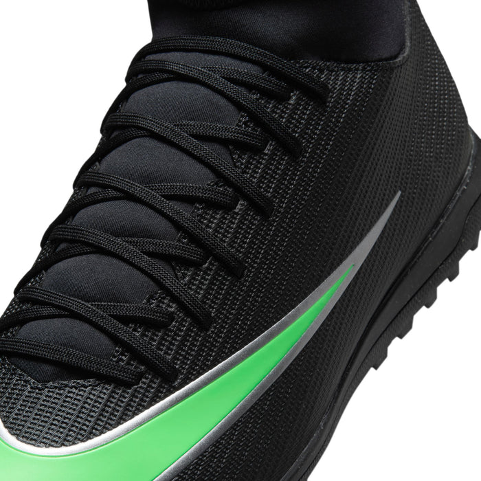 Men's black textured turf soccer cleat upper with neon green side swoosh