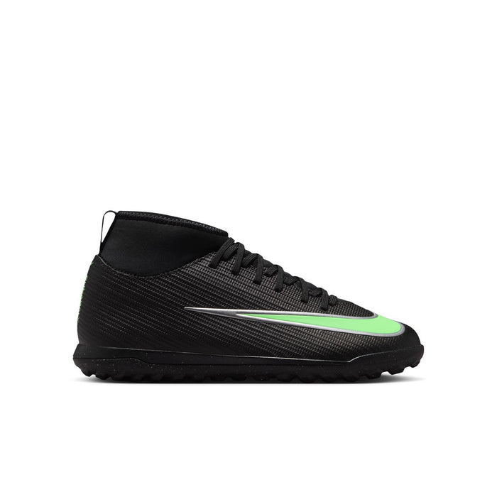 Youth high-top turf soccer cleats in black with neon green Swoosh