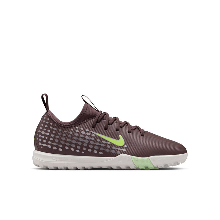 Youth soccer cleats in plum with green logo, white sole, and lace-up design