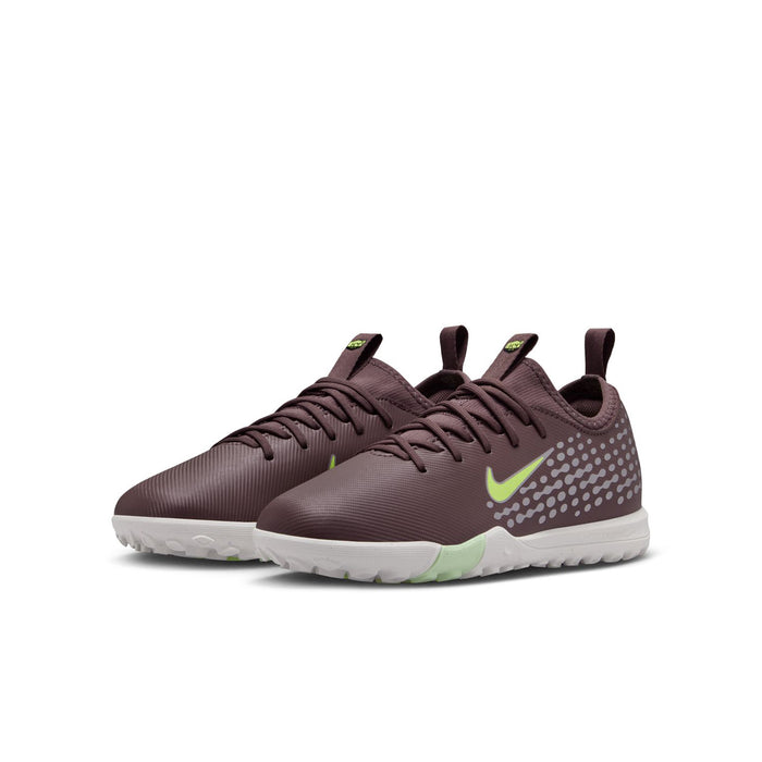 Youth plum KM TF soccer shoes with neon-green swoosh, white outsole, and textured dots