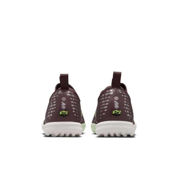 Youth plum soccer cleats showing heel with white-and-neon-green details